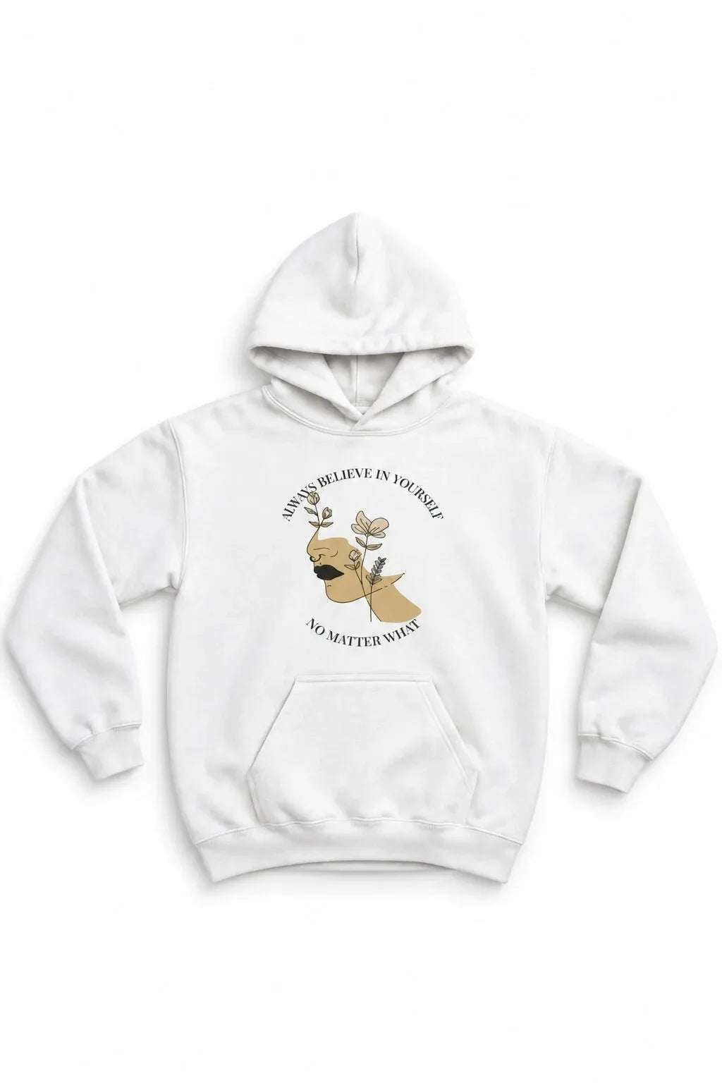 A white pullover hoodie with graphic